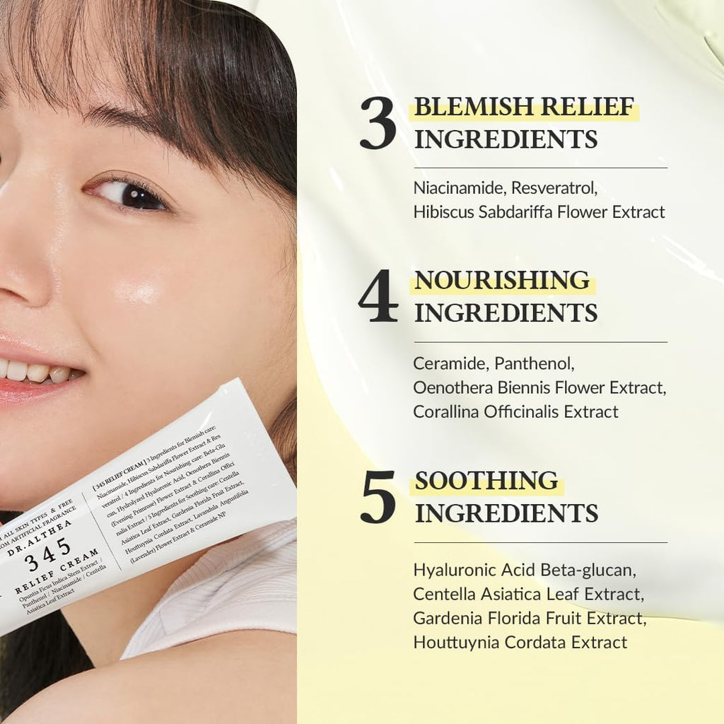 Dr.Althea 345 Relief Cream | Daily Face Moisturizer | Blemish Relief Care | Soothing Recovery & Moisture with Niacinamide, Panthenol | Korean Vegan Skin Care for All Skin Types | 1.7 Fl Oz